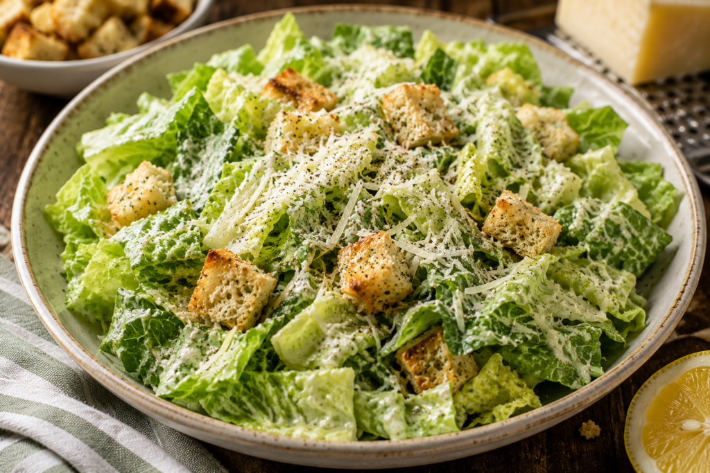 Caesar salad with romaine, grated cheese, and croutons in a light dressing, in a ceramic bowl