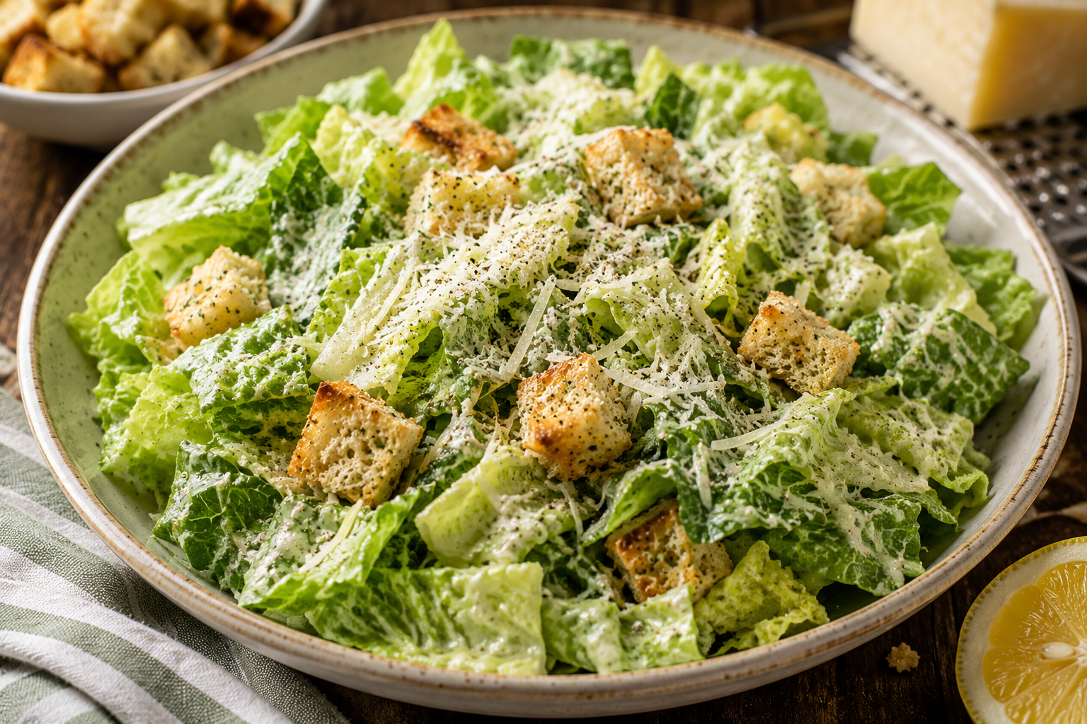 Caesar salad with romaine, grated cheese, and croutons in a light dressing, in a ceramic bowl