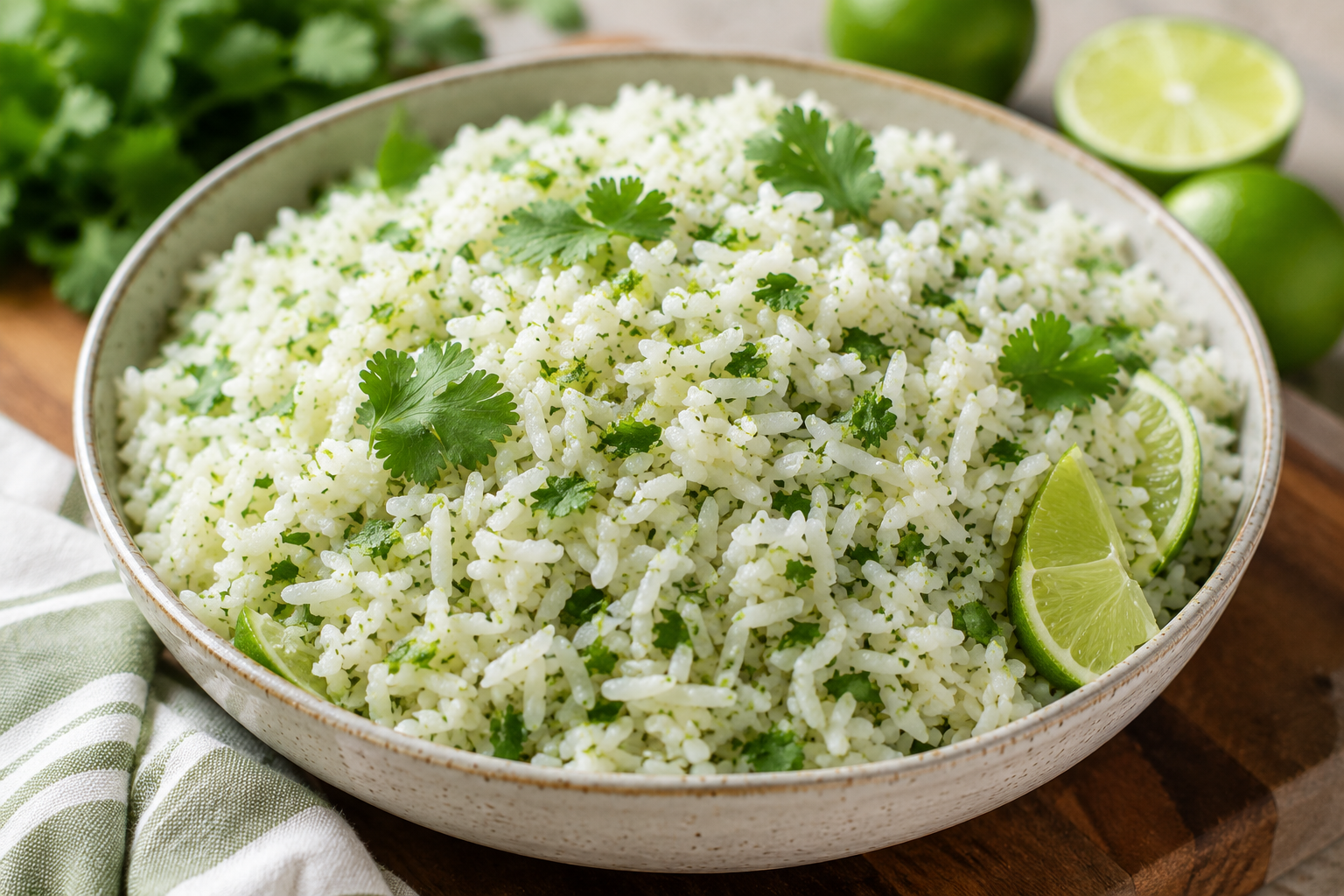 Bowl of cilantro-lime rice garnished with cilantro leaves and lime wedges on the side.