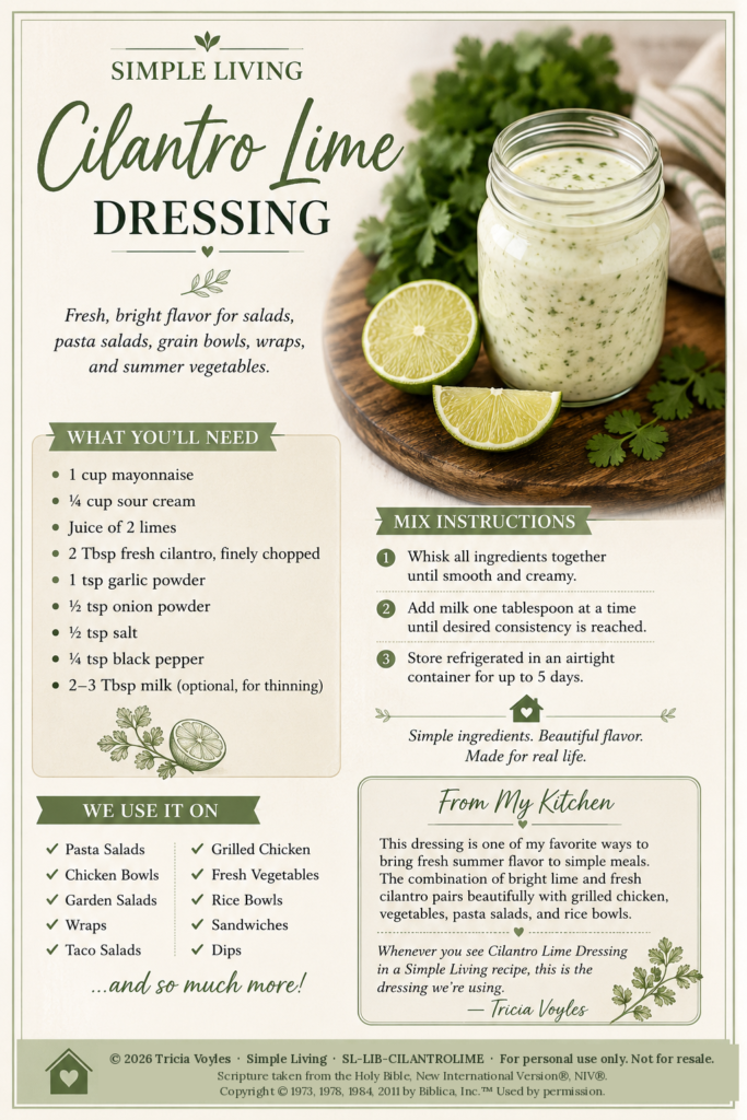 Infographic recipe for Cilantro Lime Dressing showing a jar of dressing with lime wedges and cilantro on a wooden board, plus ingredient and instructions sections.