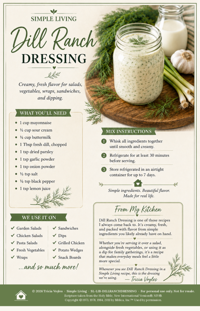 Infographic for Simple Living Dill Ranch Dressing, showing a jar of creamy dressing on a wooden board with herbs and recipe sections.