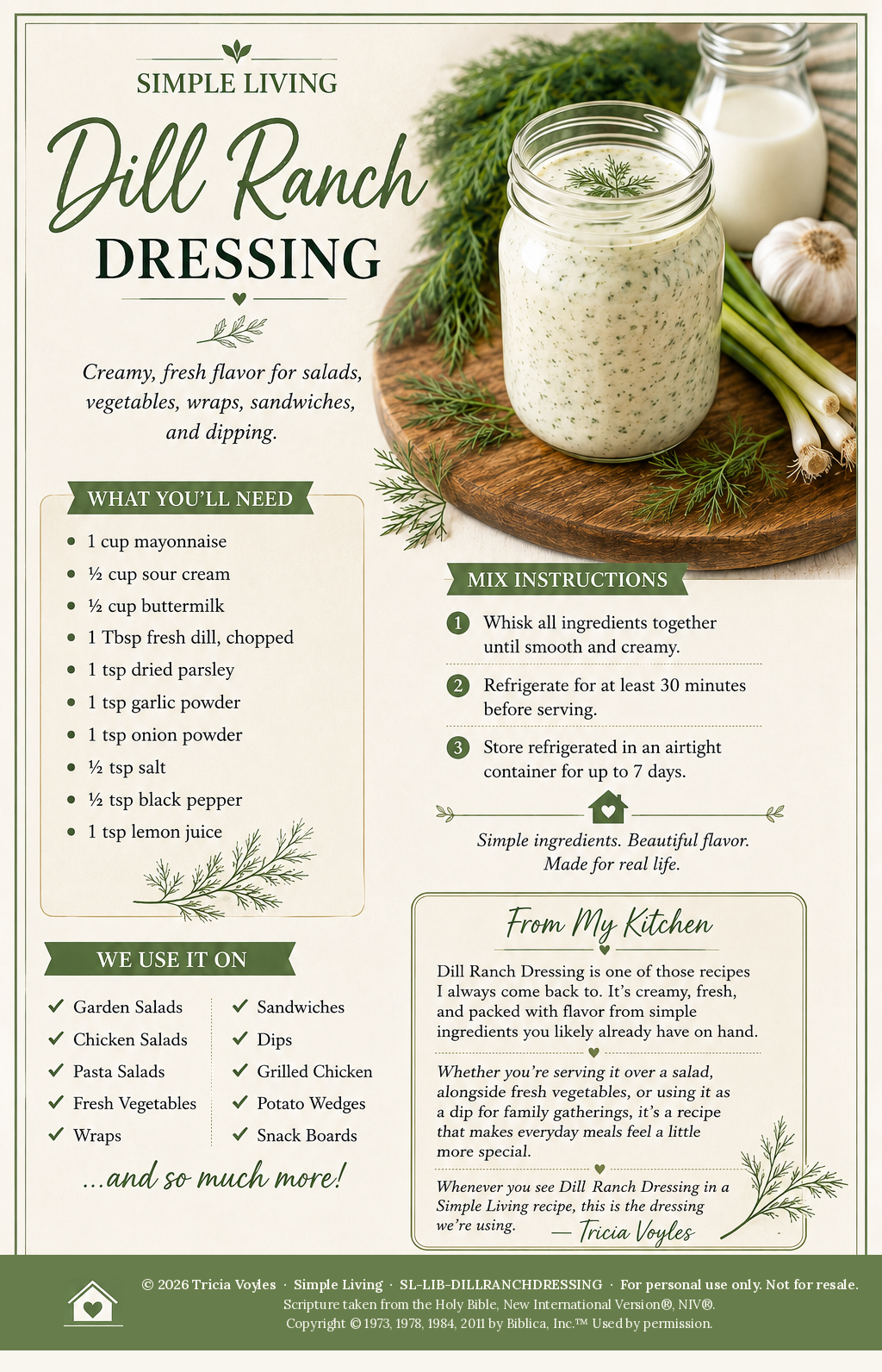 Infographic for Simple Living Dill Ranch Dressing, showing a jar of creamy dressing on a wooden board with herbs and recipe sections.
