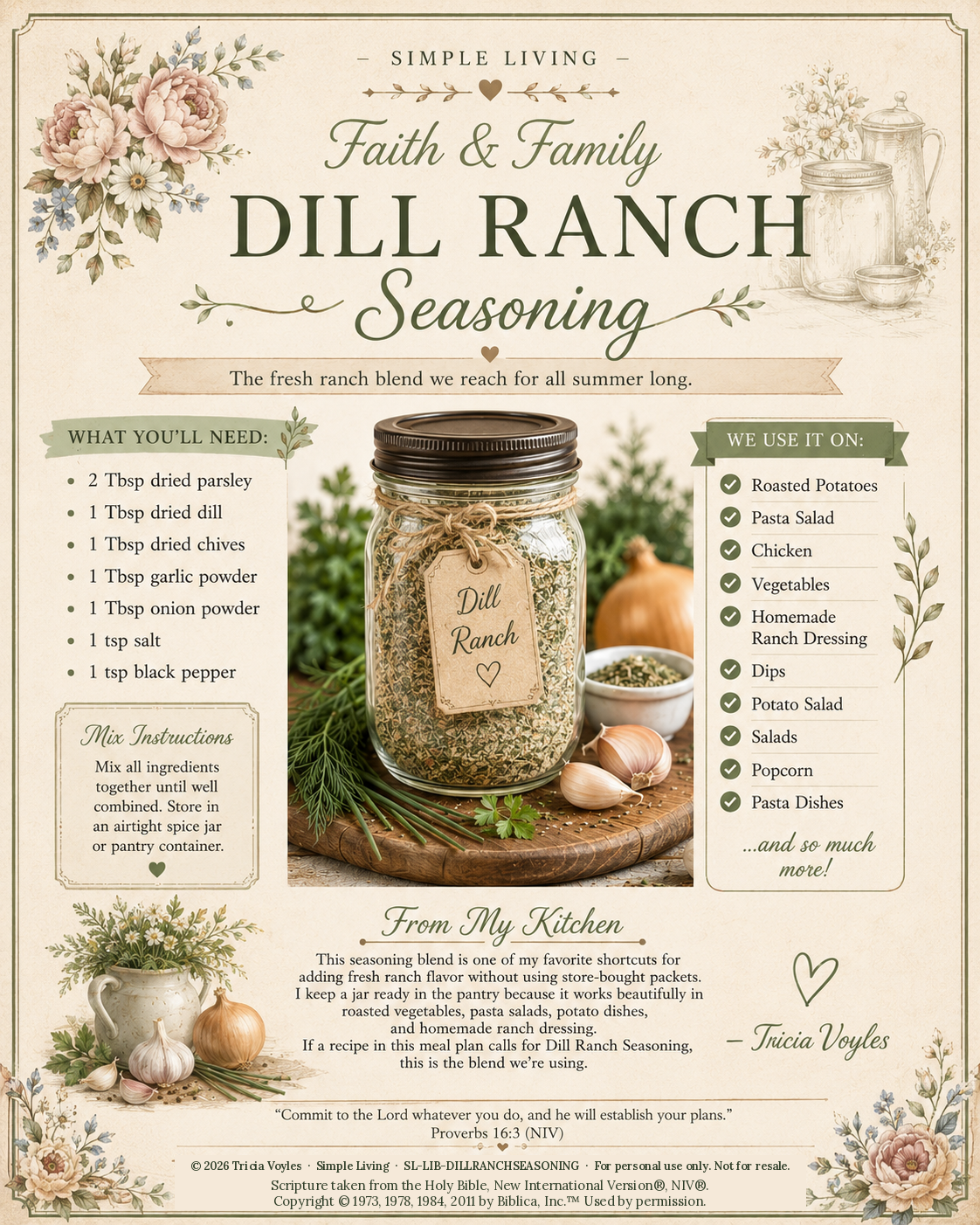 Vintage-inspired poster advertising Dill Ranch Seasoning with a jar of mixed herbs at center and recipe notes on sides.