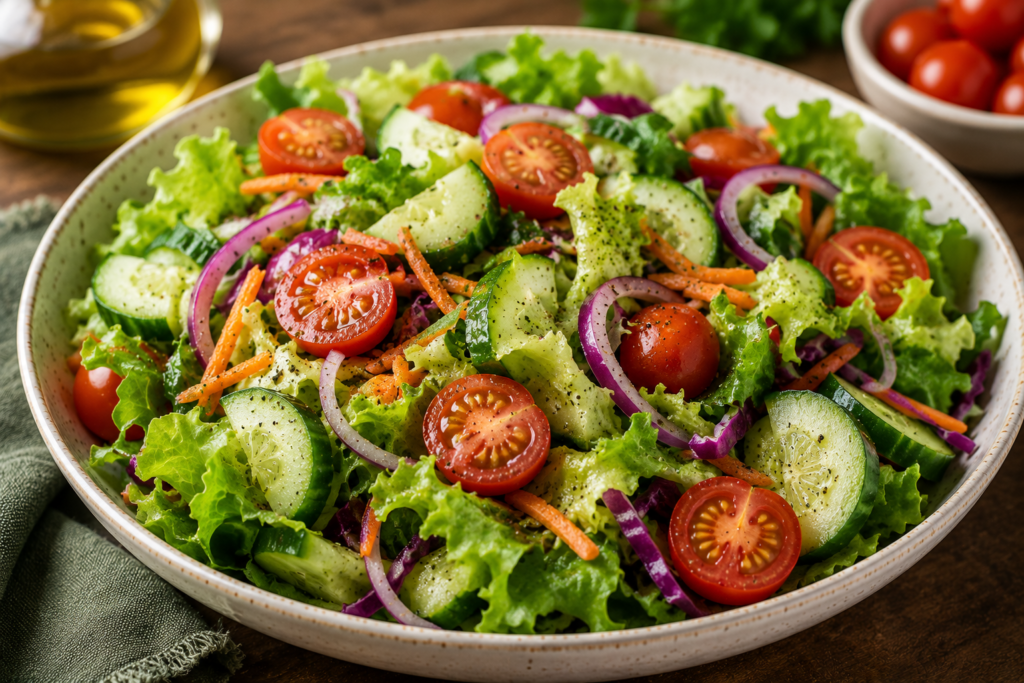 Bowl of fresh garden salad with lettuce, cucumber, cherry tomatoes, red onion, and shredded carrot slices in a ceramic bowl.
