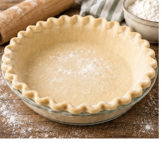 Unbaked pie crust in a glass pie dish with a fluted edge on a flour-dusted wooden counter; rolling pin and bowl of flour in the background.