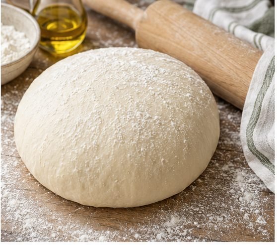 Round ball of bread dough on a floured wooden surface with a rolling pin and olive oil in the background behind it.