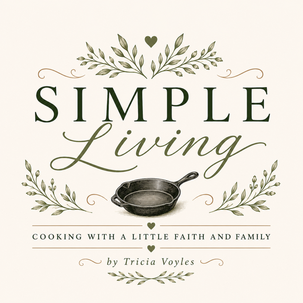 Book cover for Simple Living: Cooking with a Little Faith and Family, featuring a skillet illustration and decorative greenery.