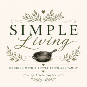 Book cover for Simple Living: Cooking with a Little Faith and Family, featuring a skillet illustration and decorative greenery.