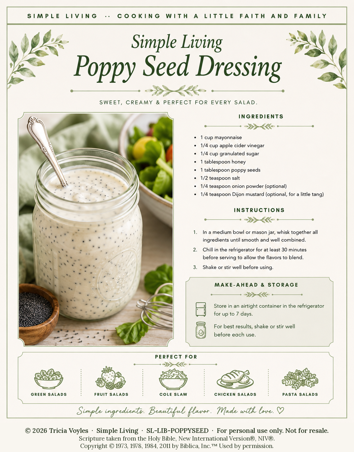 Infographic recipe for Simple Living Poppy Seed Dressing; features a jar of creamy poppy-seed dressing and sections for ingredients, instructions, and storage.