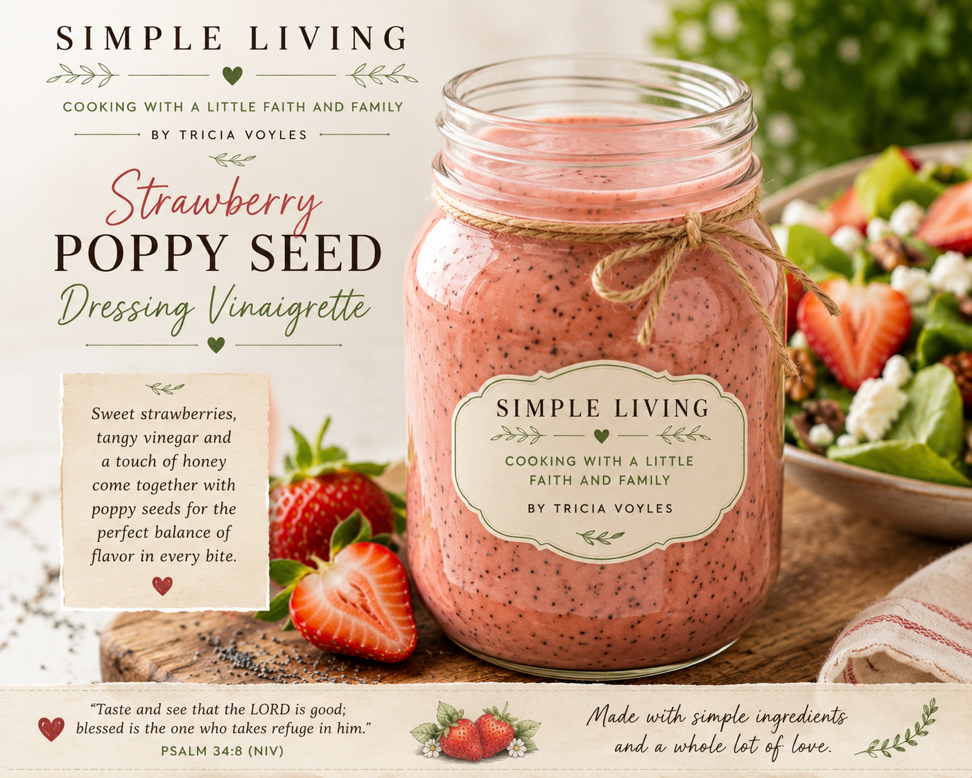 Mason jar of pink strawberry poppy seed dressing tied with twine, label reads Simple Living and salad in the background on a wooden surface.