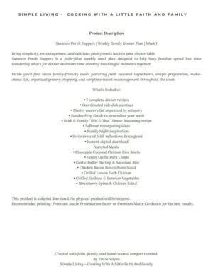 Product description page for Summer Porch Suppers—weekly family dinner plan (Week 1) with recipes, side dish pairings, and planning guides (instant download).