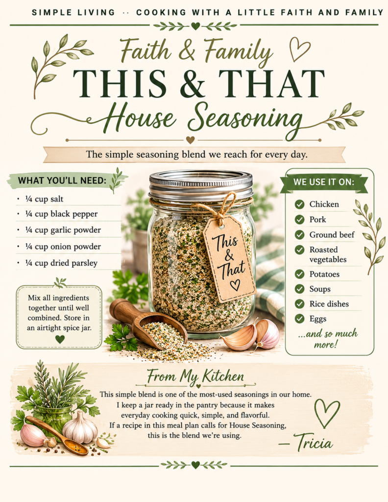 Infographic about house seasoning: jar of mixed herbs with tag, left ingredient list, right 'We use it on' foods section, decorative greenery.