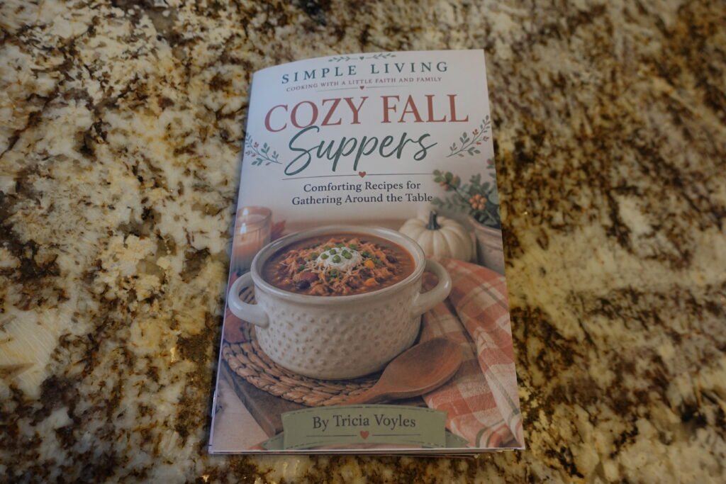 Cozy Fall Suppers cookbook cover on a granite countertop with the title and a soup photo on the lower half